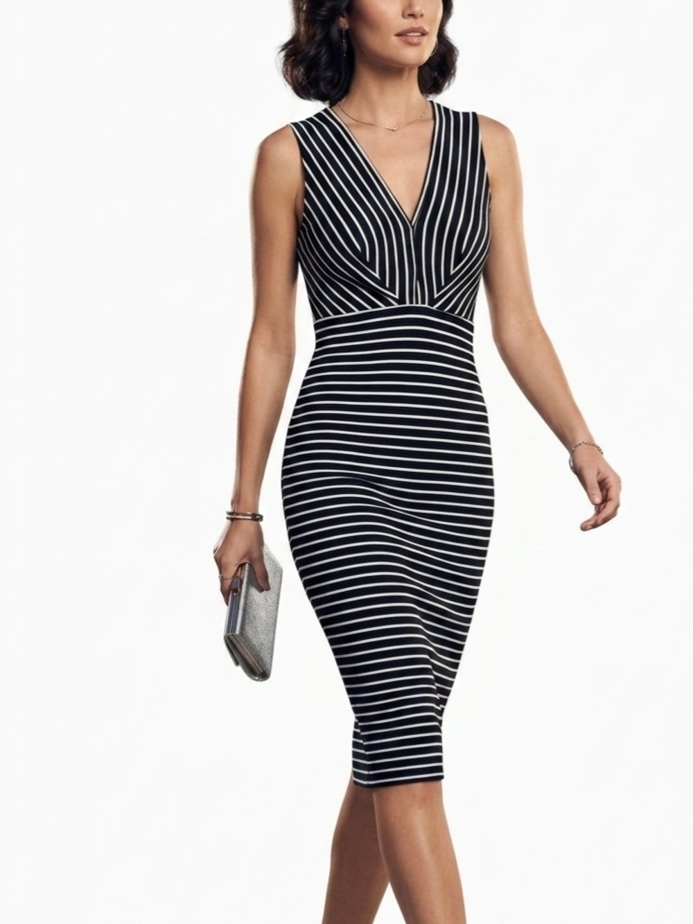 Lulu's Navy and White Striped V-Neck Midi Sheath Dress size:L